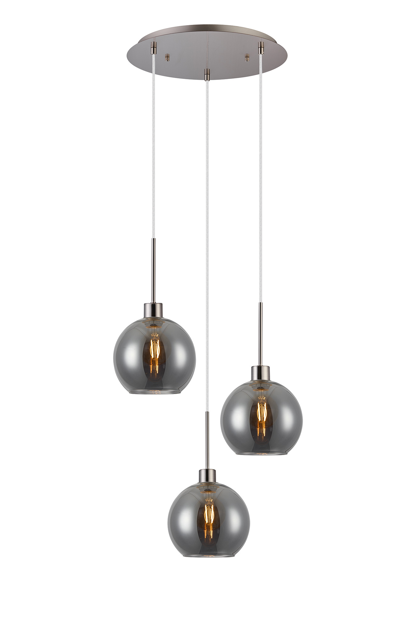 DK1367  Lori 40cm Round Pendant, 3 Light Adjustable E27, Satin Nickel/Smoke Open Mouth Round Globe Shades